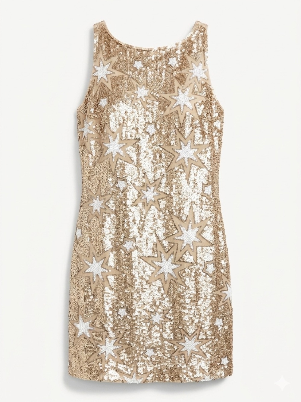 BHLDN Gold Sequin Star Shift Dress with White Star Appliqués